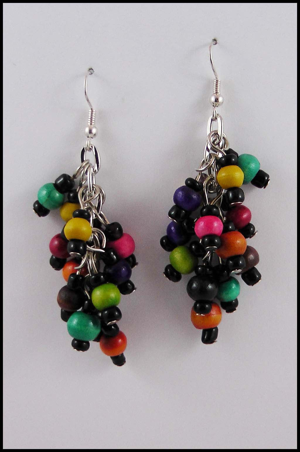 Multi-colour Cluster Wood Bead Earrings