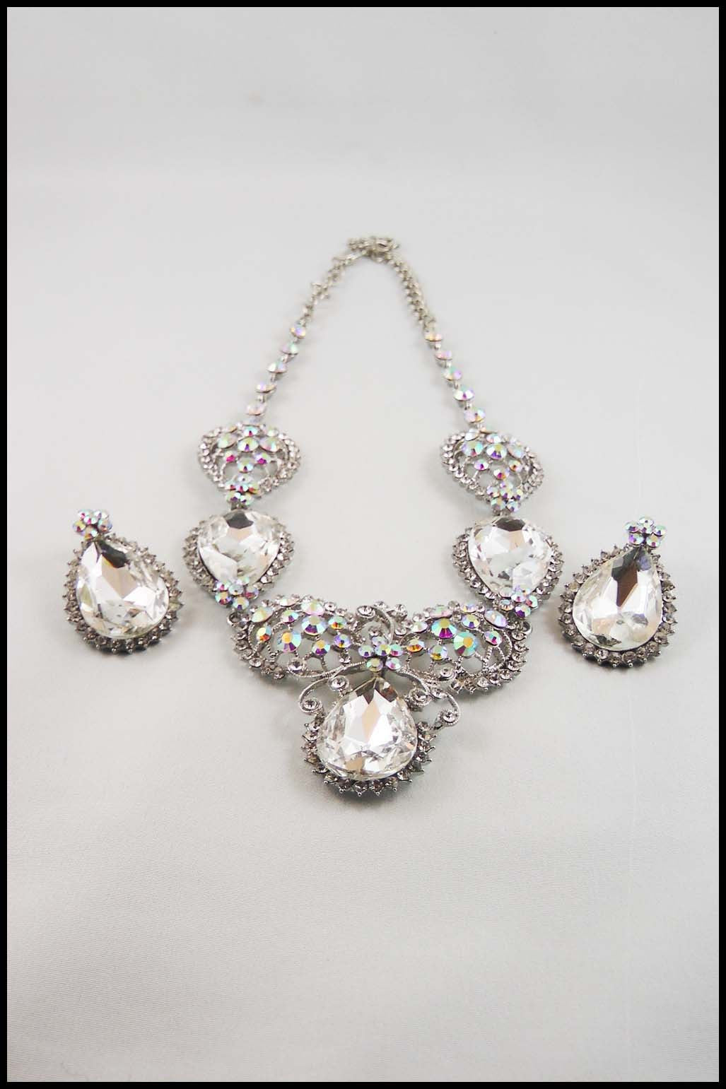 Rhinestone Filigree Evening Wear Necklace and Earring Set