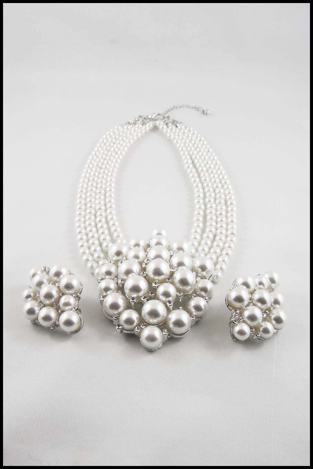 Bold Imitation Pearl 4-Strand Choker and Earring Set