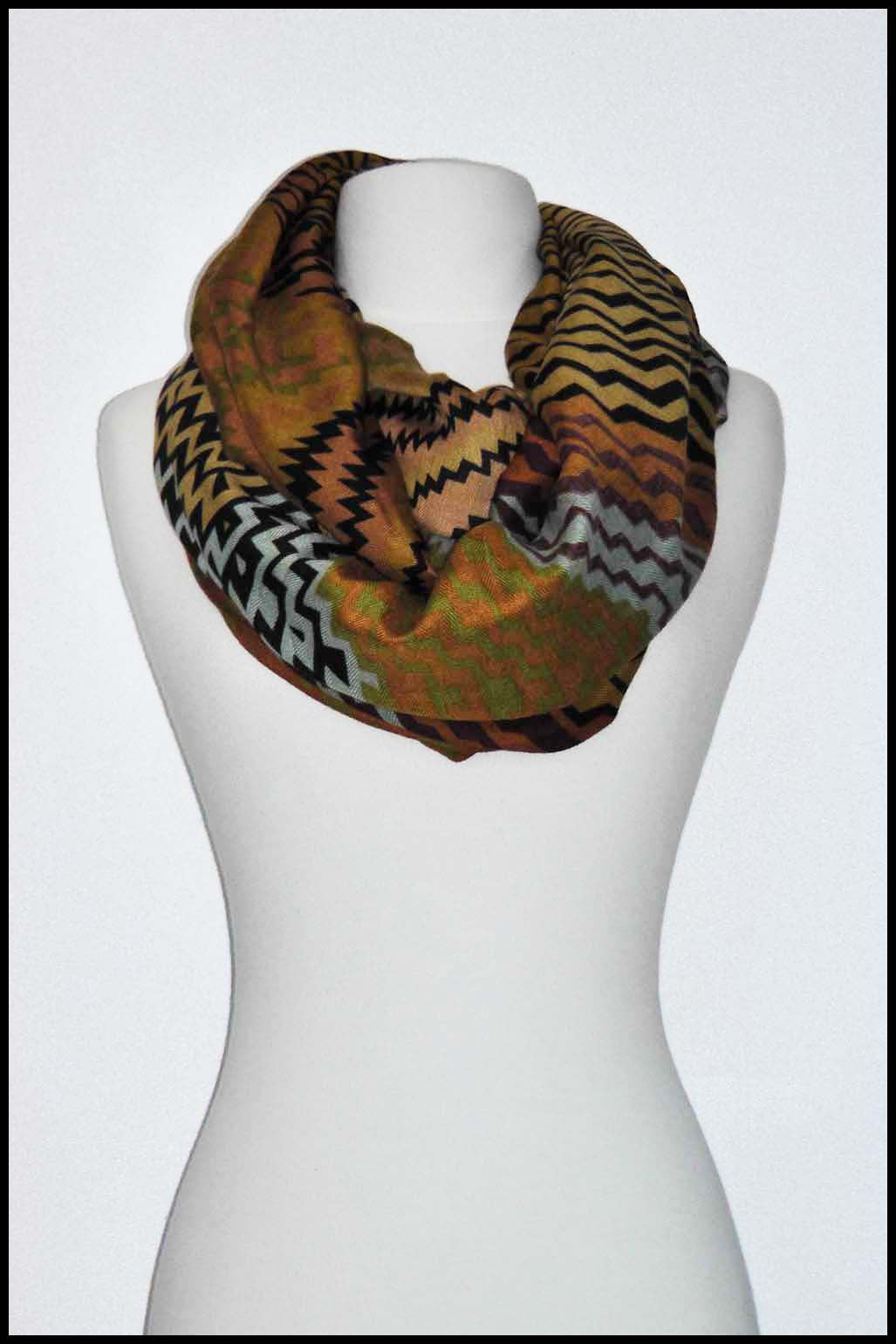 Tribal Pattern Infinity Scarf with Geometric Zigzags and Bold Lines