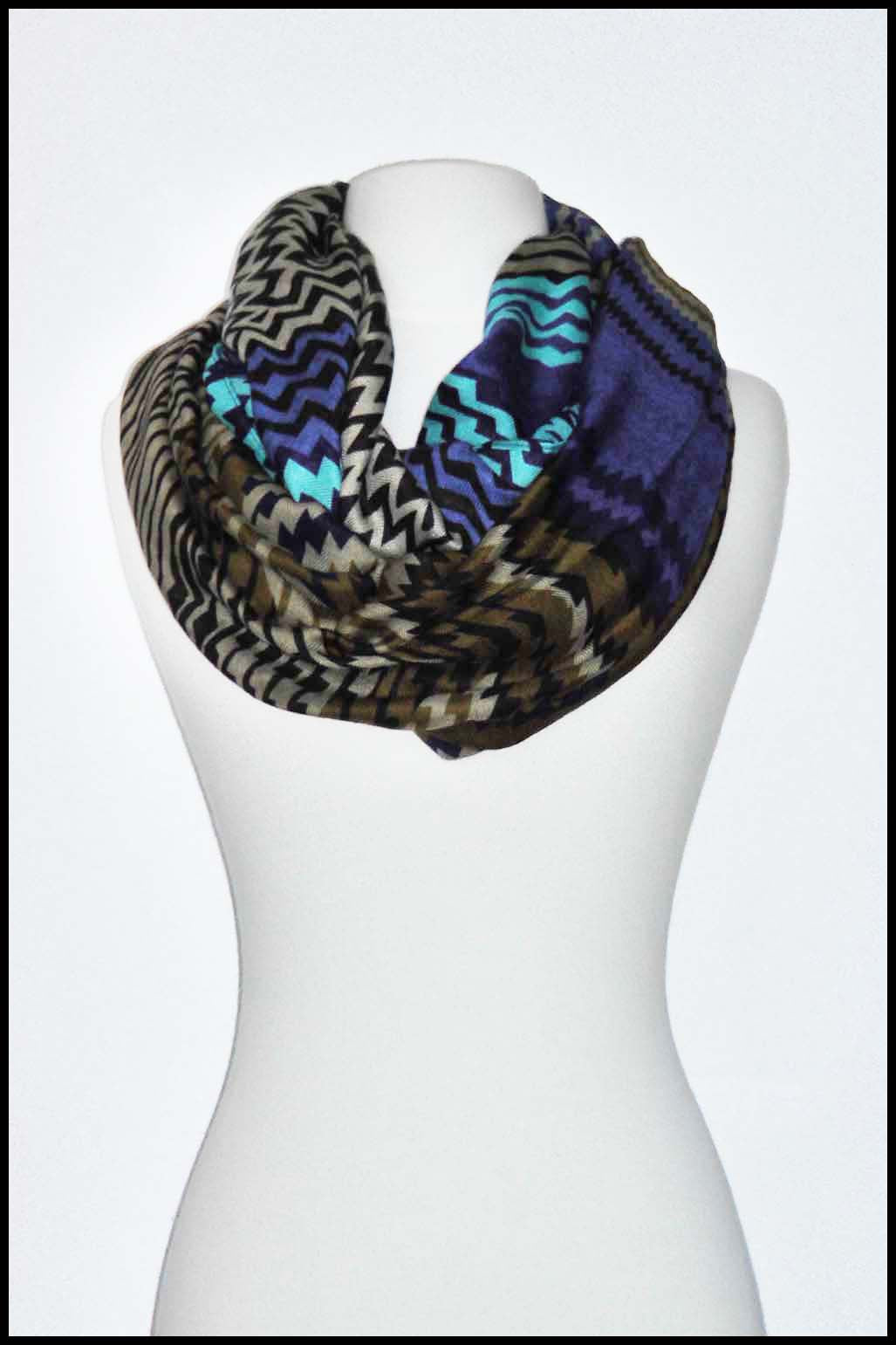 Tribal Pattern Infinity Scarf with Geometric Zigzags and Bold Lines
