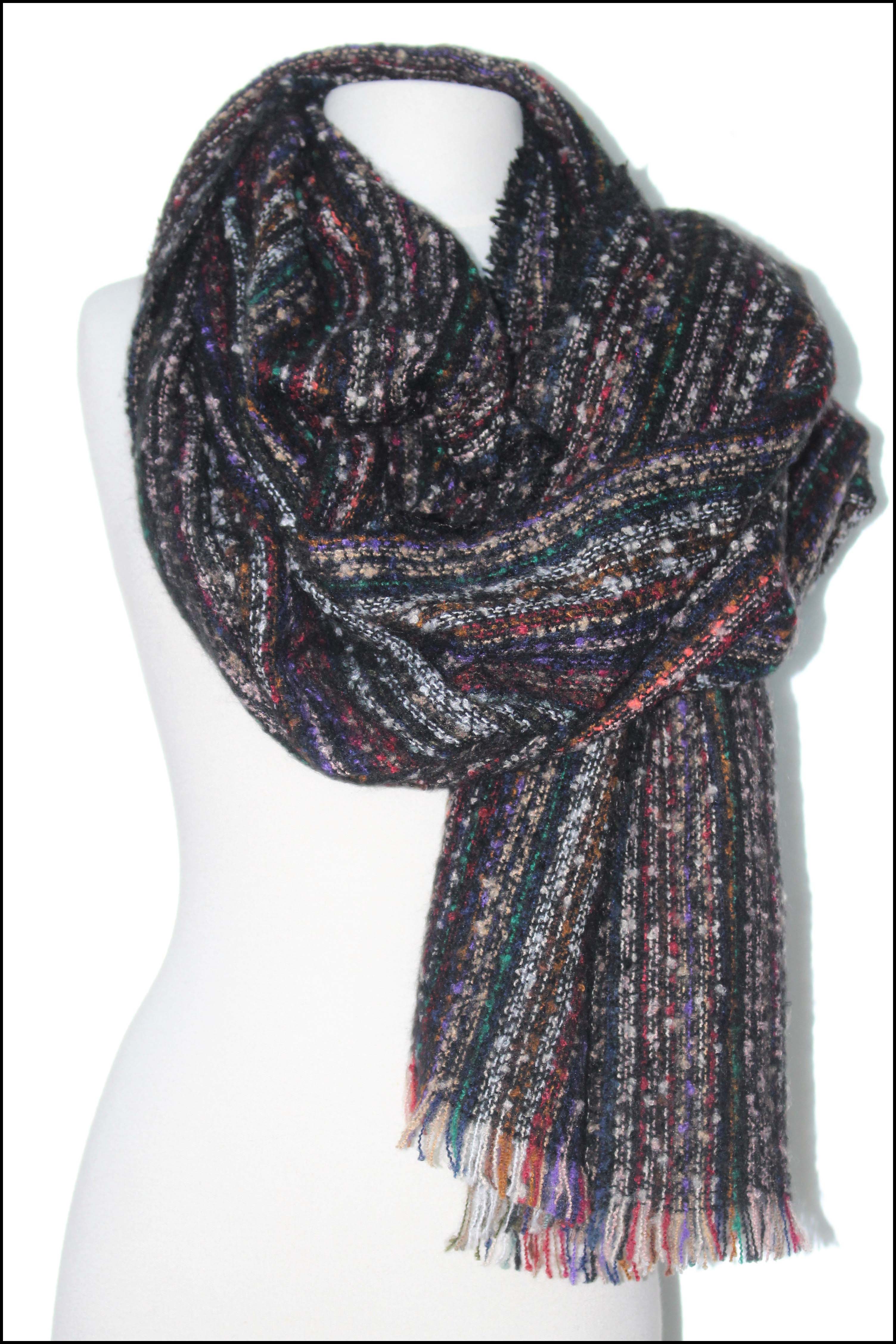 Multi-coloured Striped Boucle Oblong Scarf