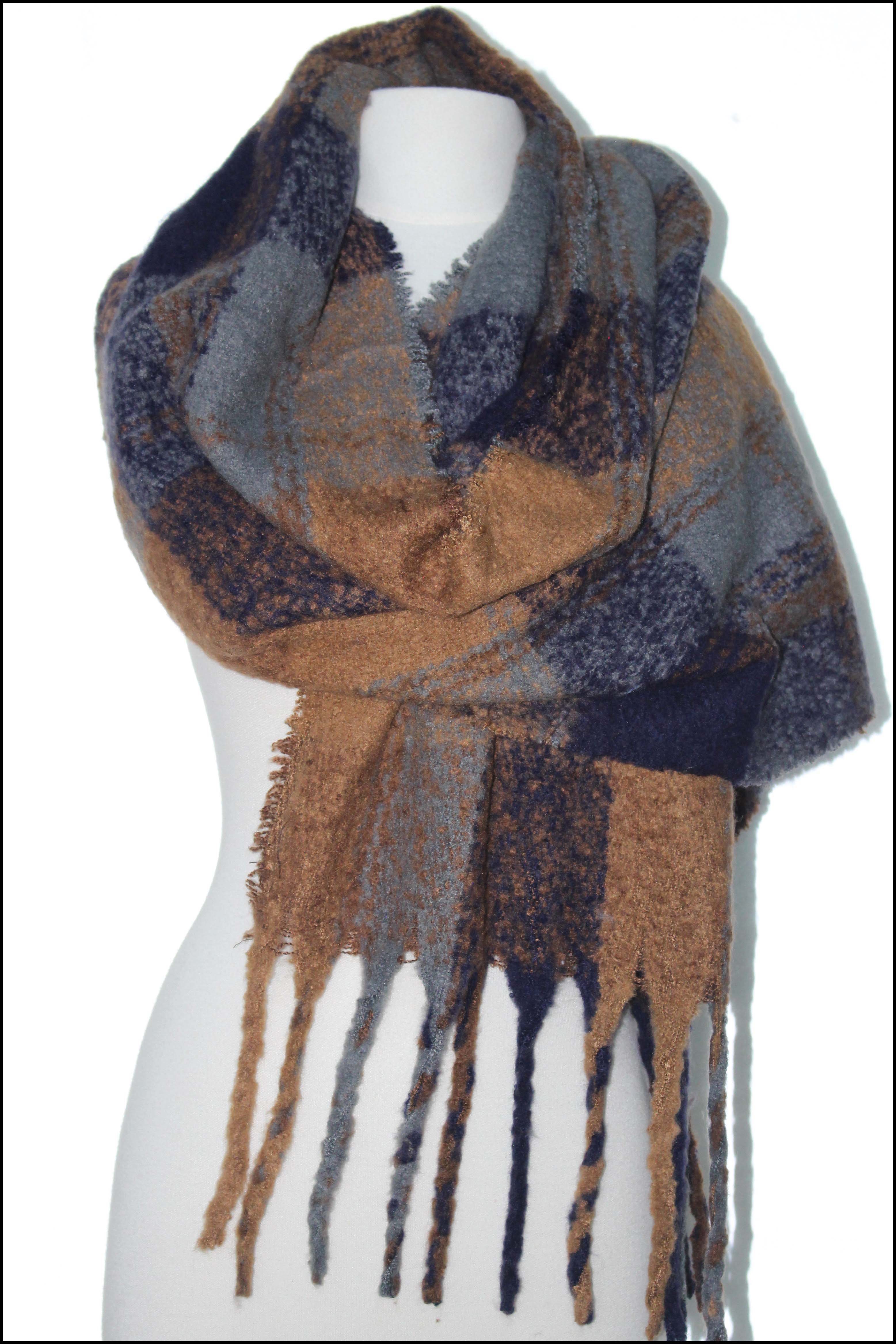 Plaid Patterned Oblong Scarf w/Fringe