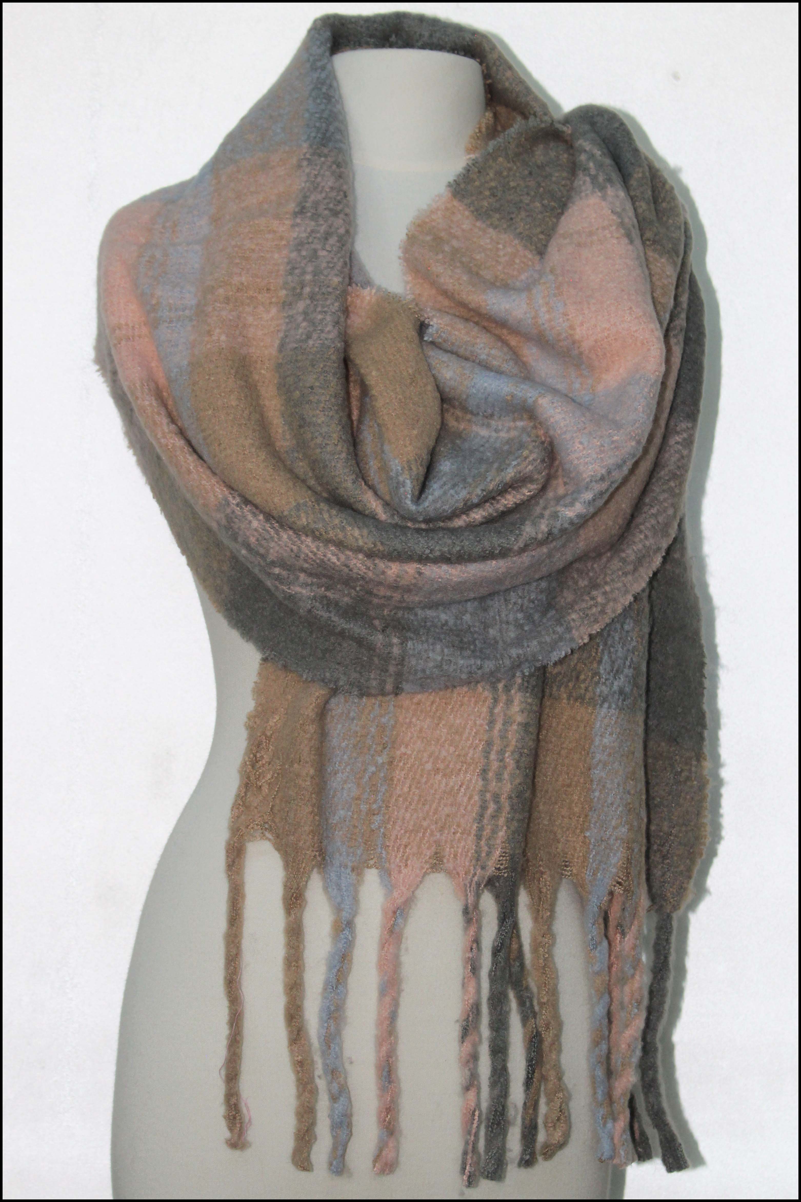 Plaid Patterned Oblong Scarf w/Fringe