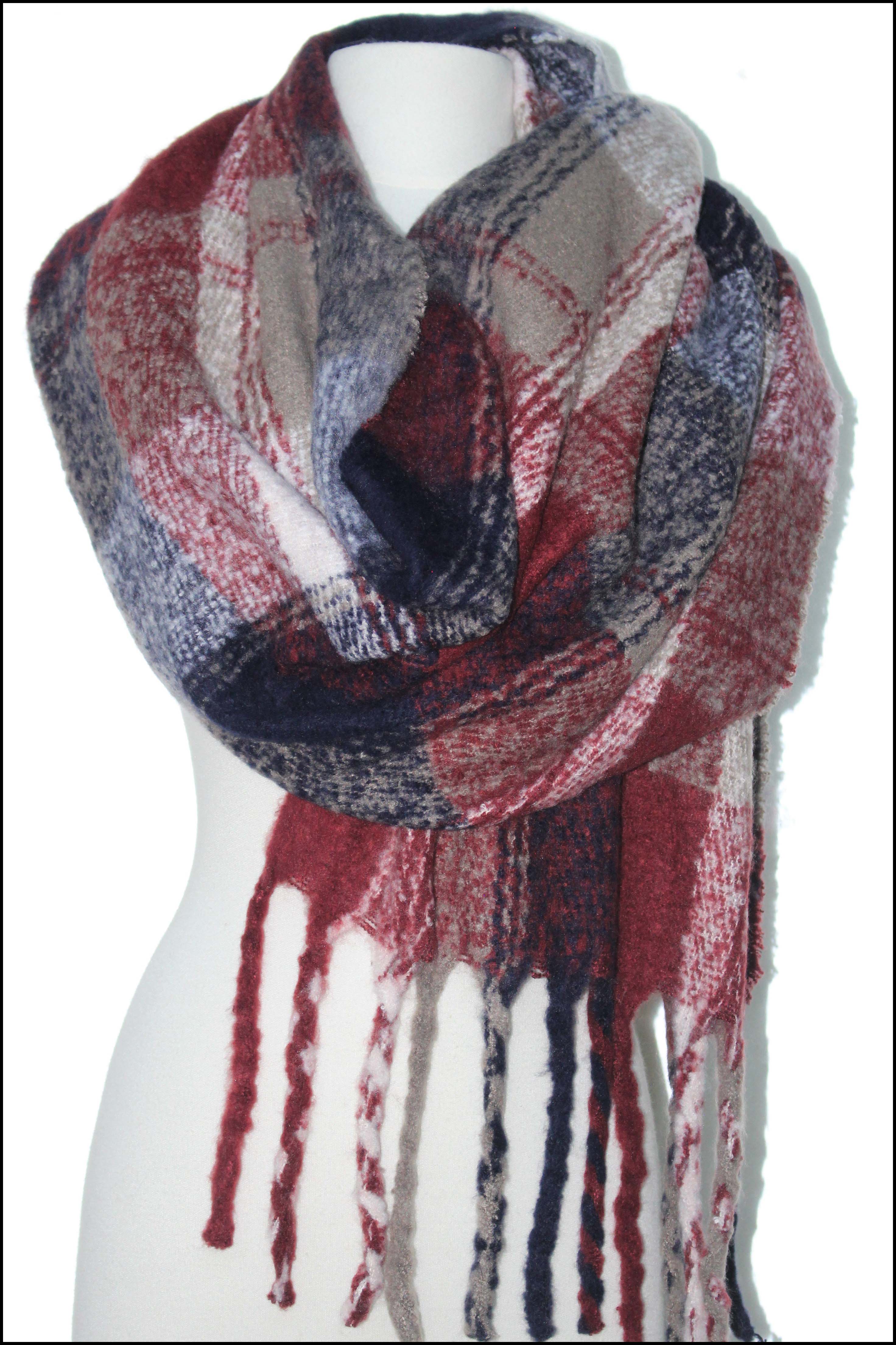 Plaid Patterned Oblong Scarf w/Fringe
