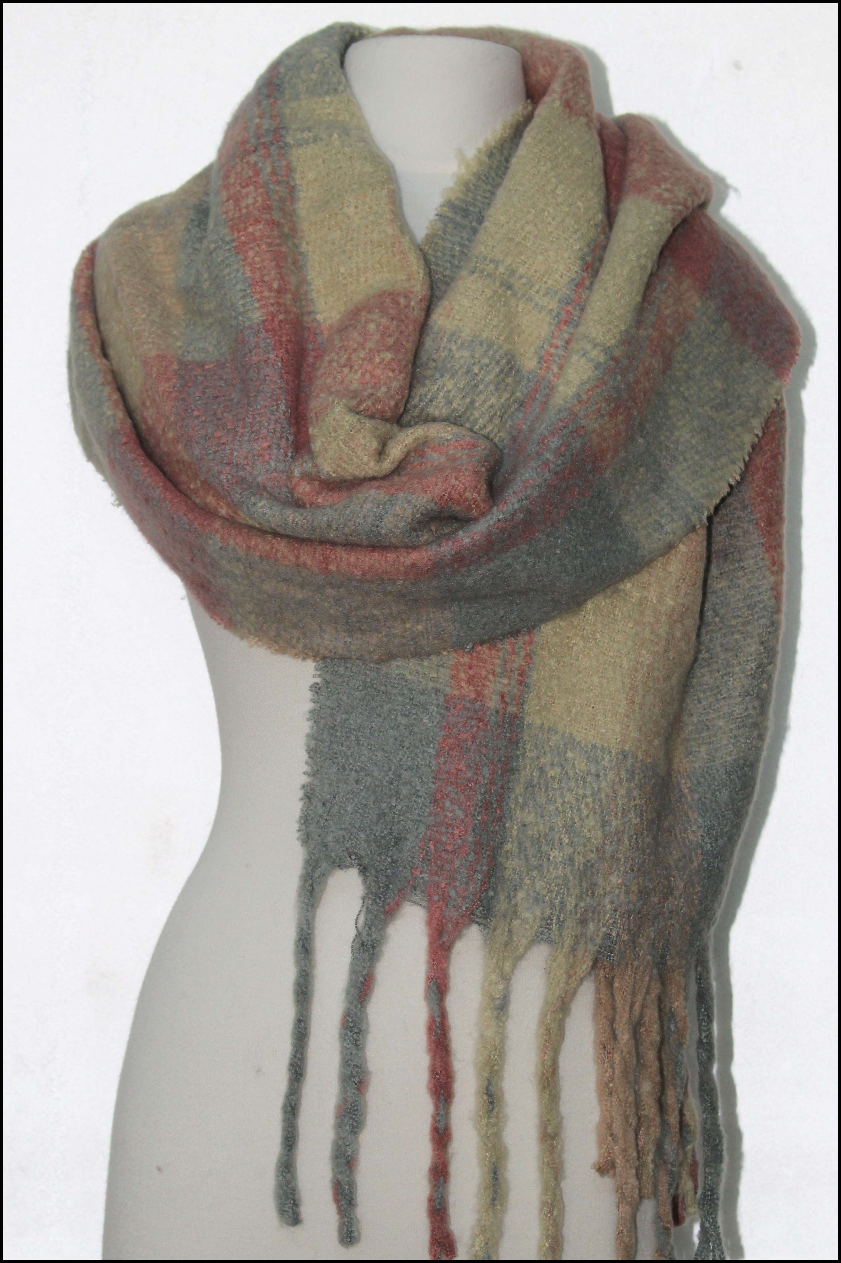 Plaid Patterned Oblong Scarf w/Fringe