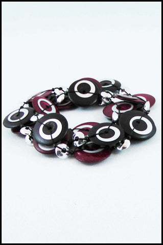Wood Bead Stretch Bracelet in Red, Black and Silver
