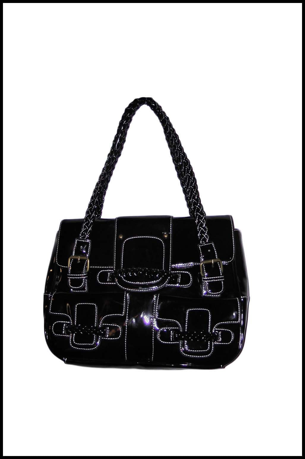 Patent Handbag with White Stitch Detailing and Large Front Pockets