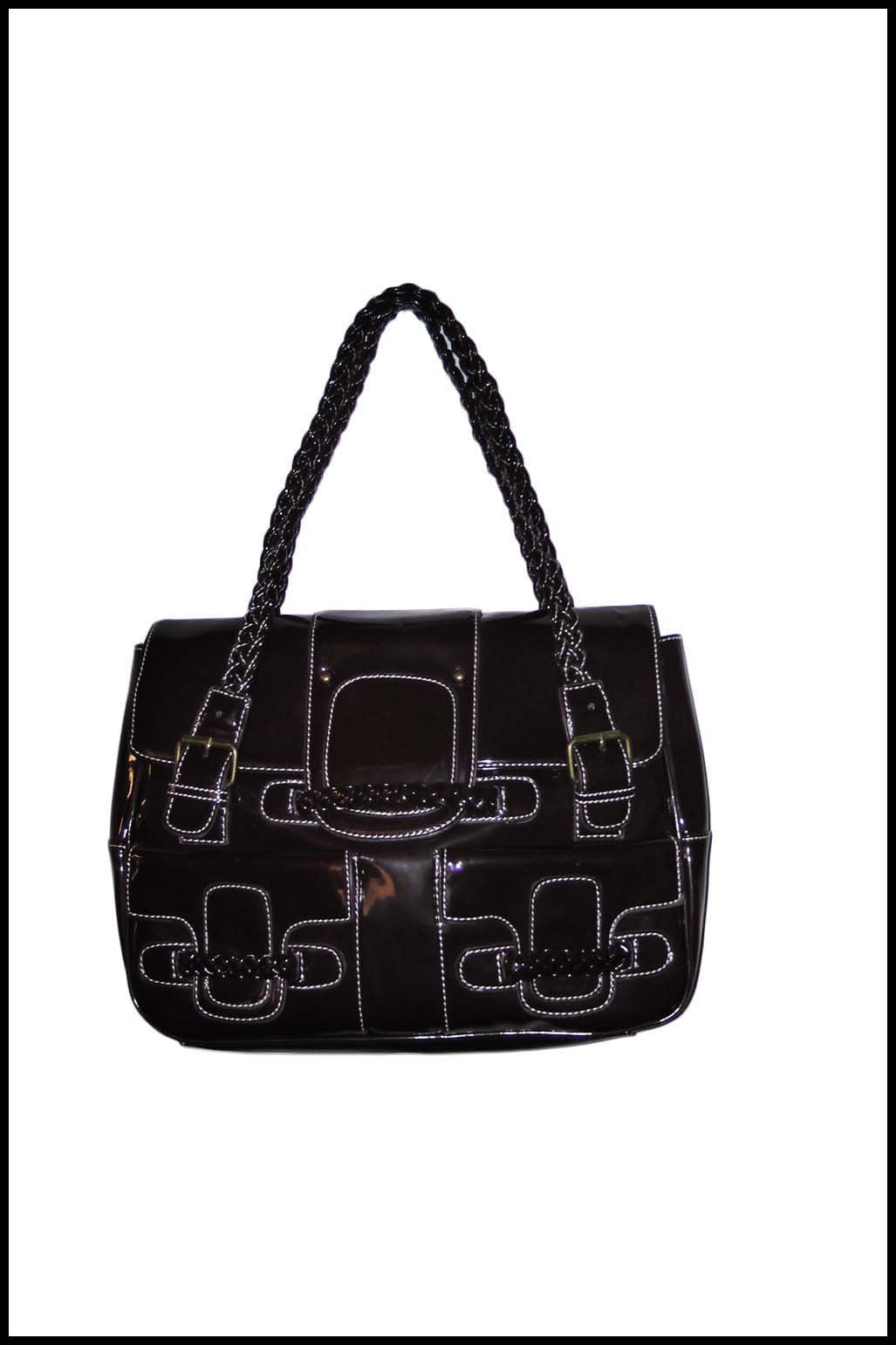 Patent Handbag with White Stitch Detailing and Large Front Pockets