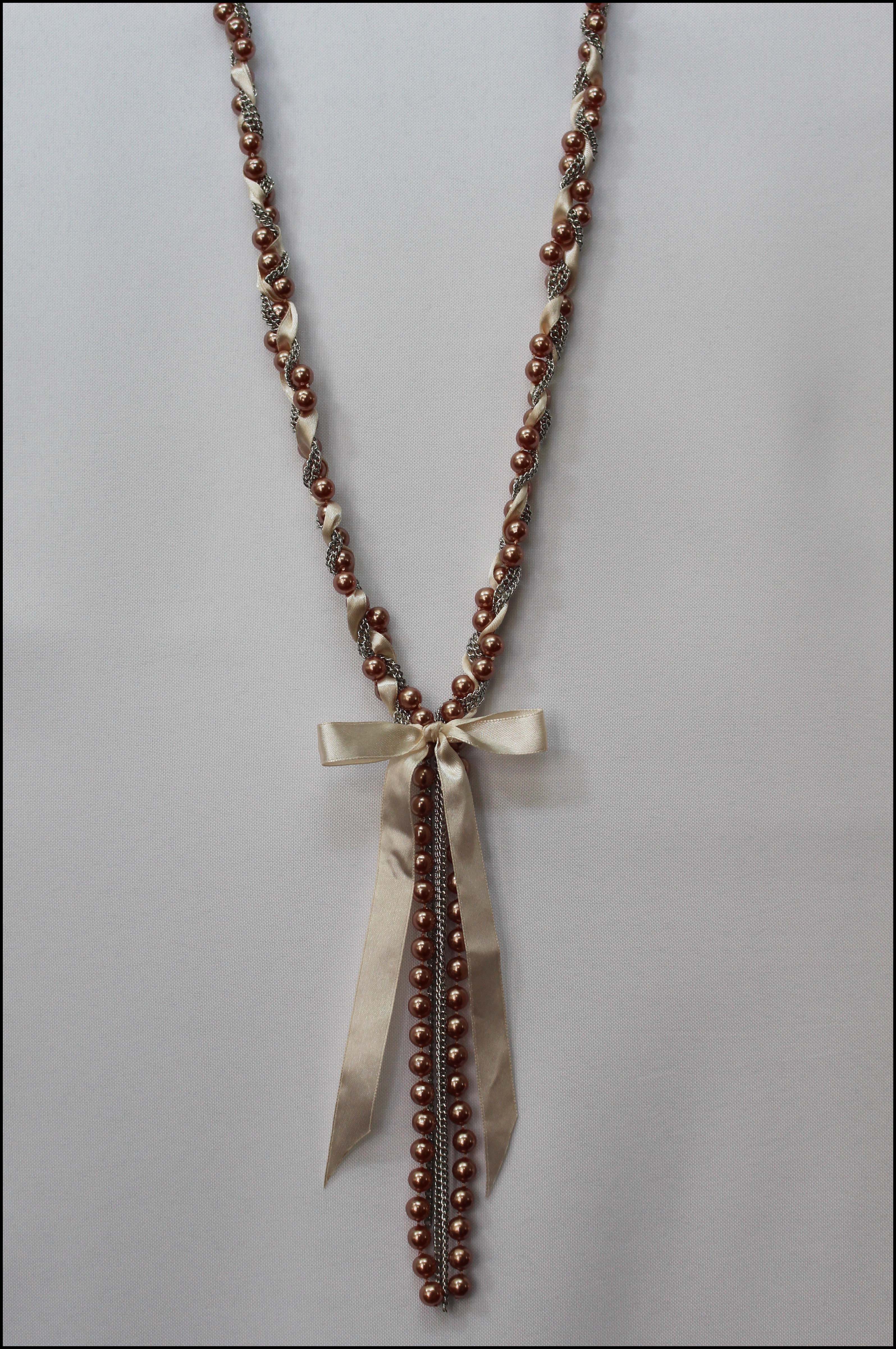 Imitation Pearl and Ribbon Bow Necklace