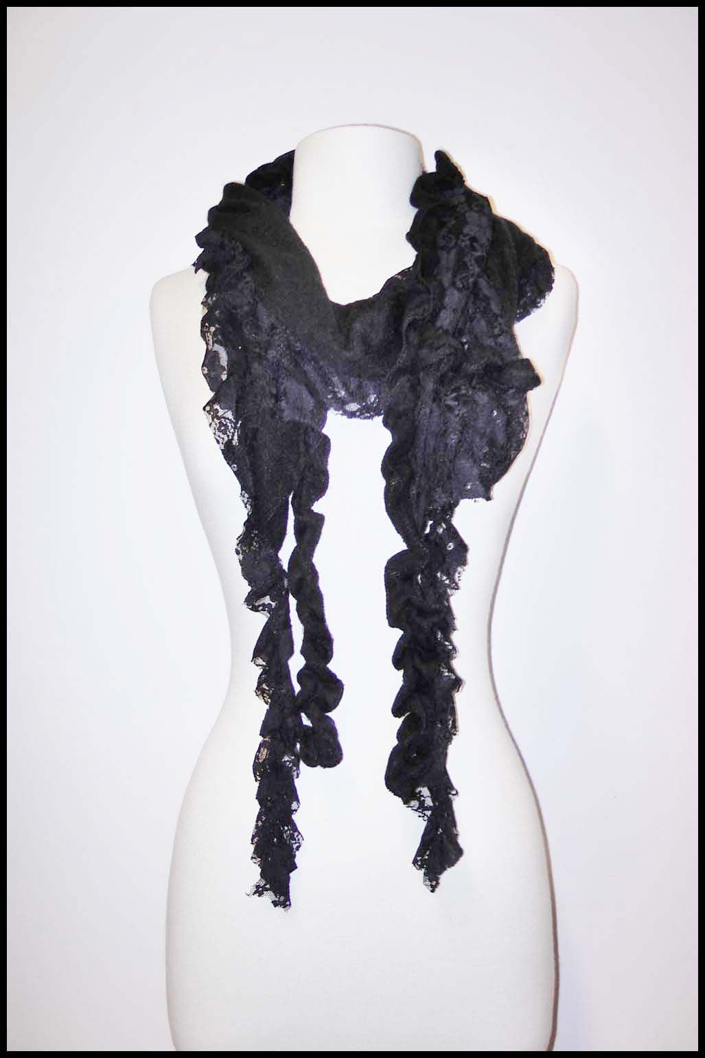 Fine Knit and Lace Scarf with Ruffled Edges