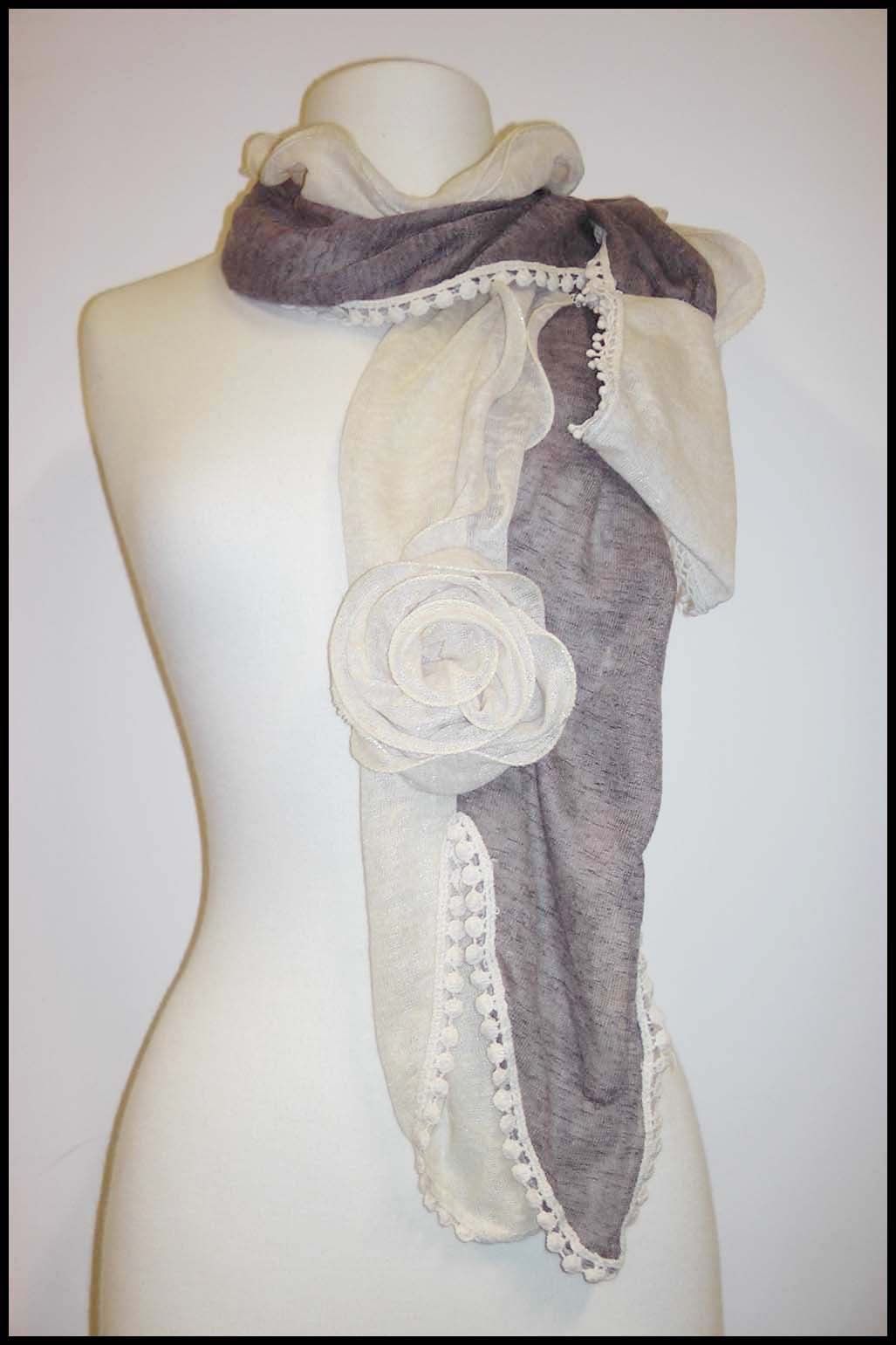 Two-tone Soft Scarf with Floral Rosette and Lace Detailing