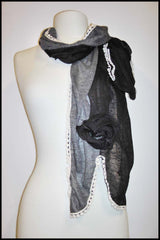 Two-tone Soft Scarf with Floral Rosette and Lace Detailing