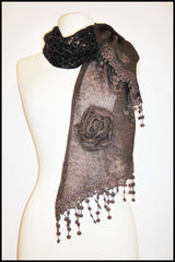 Patchwork Panel Scarf with Floral Rosette Detailing and Crocheted Fringed Edges