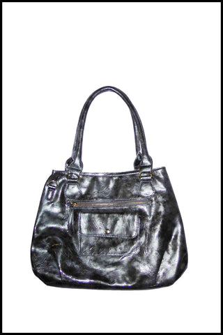 Distressed Patent Handbag with Front Pocket and Double Handles
