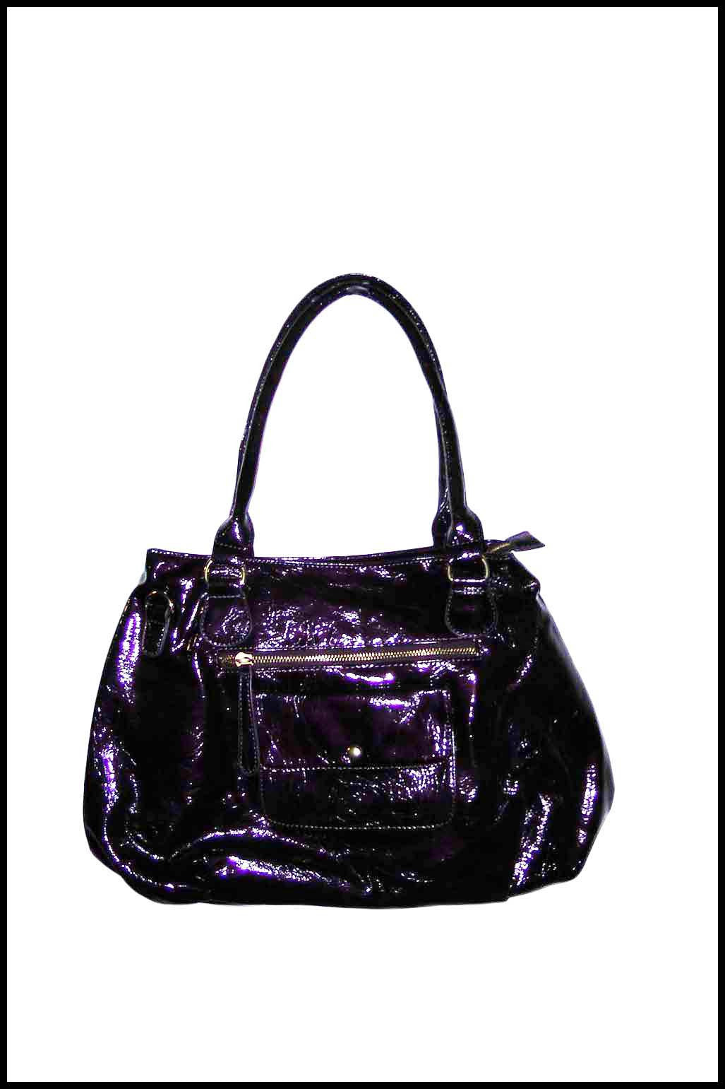 Distressed Patent Handbag with Front Pocket and Double Handles