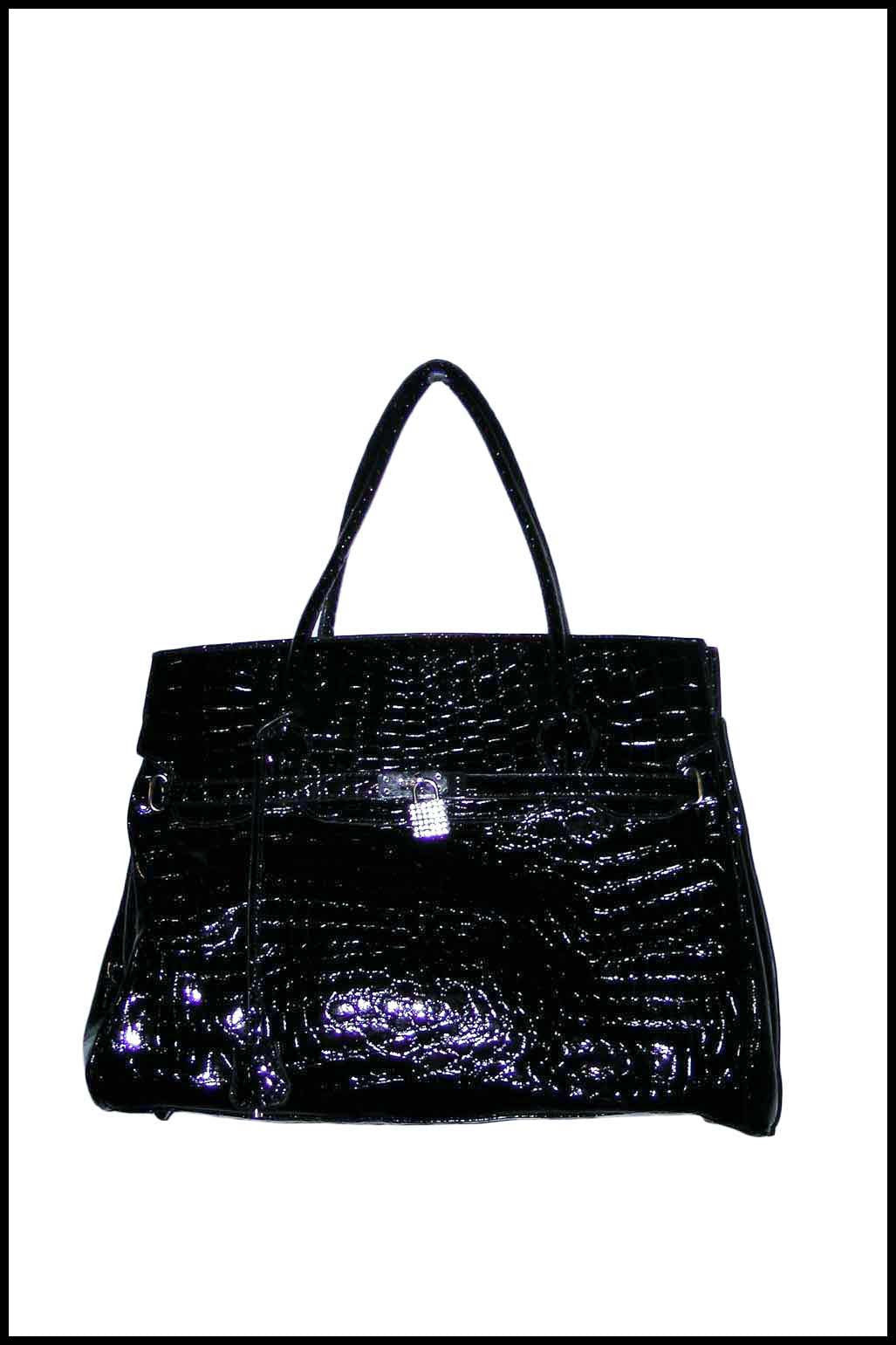 Extra-large Structured Patent Faux Crocodile Skin Handbag