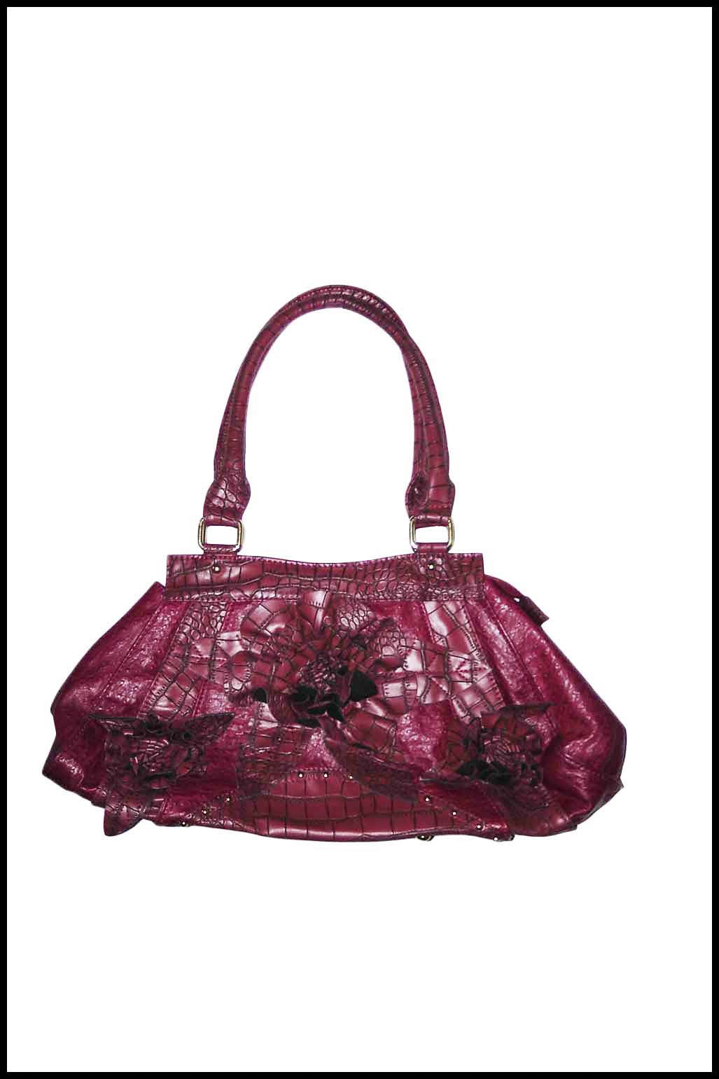 Faux Alligator Handbag with Triple Flower Detailing and Double Handles