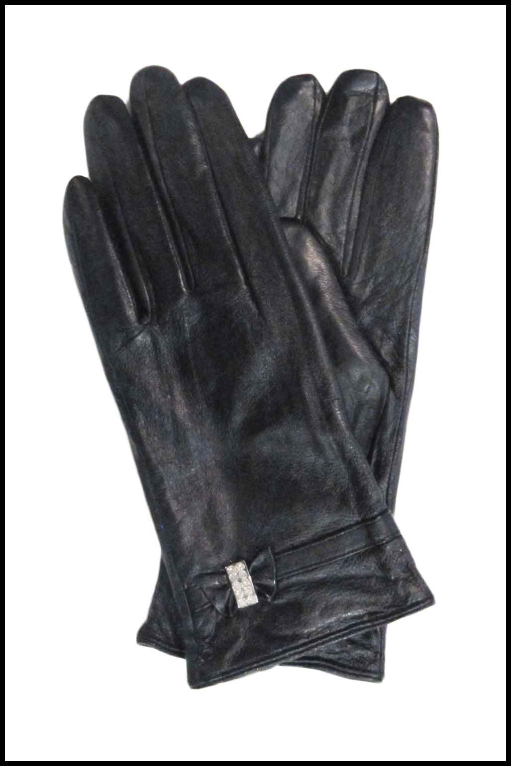 Leather Rhinestone Bow Gloves