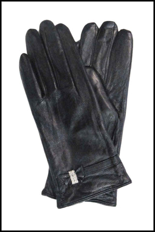 Leather Rhinestone Bow Gloves