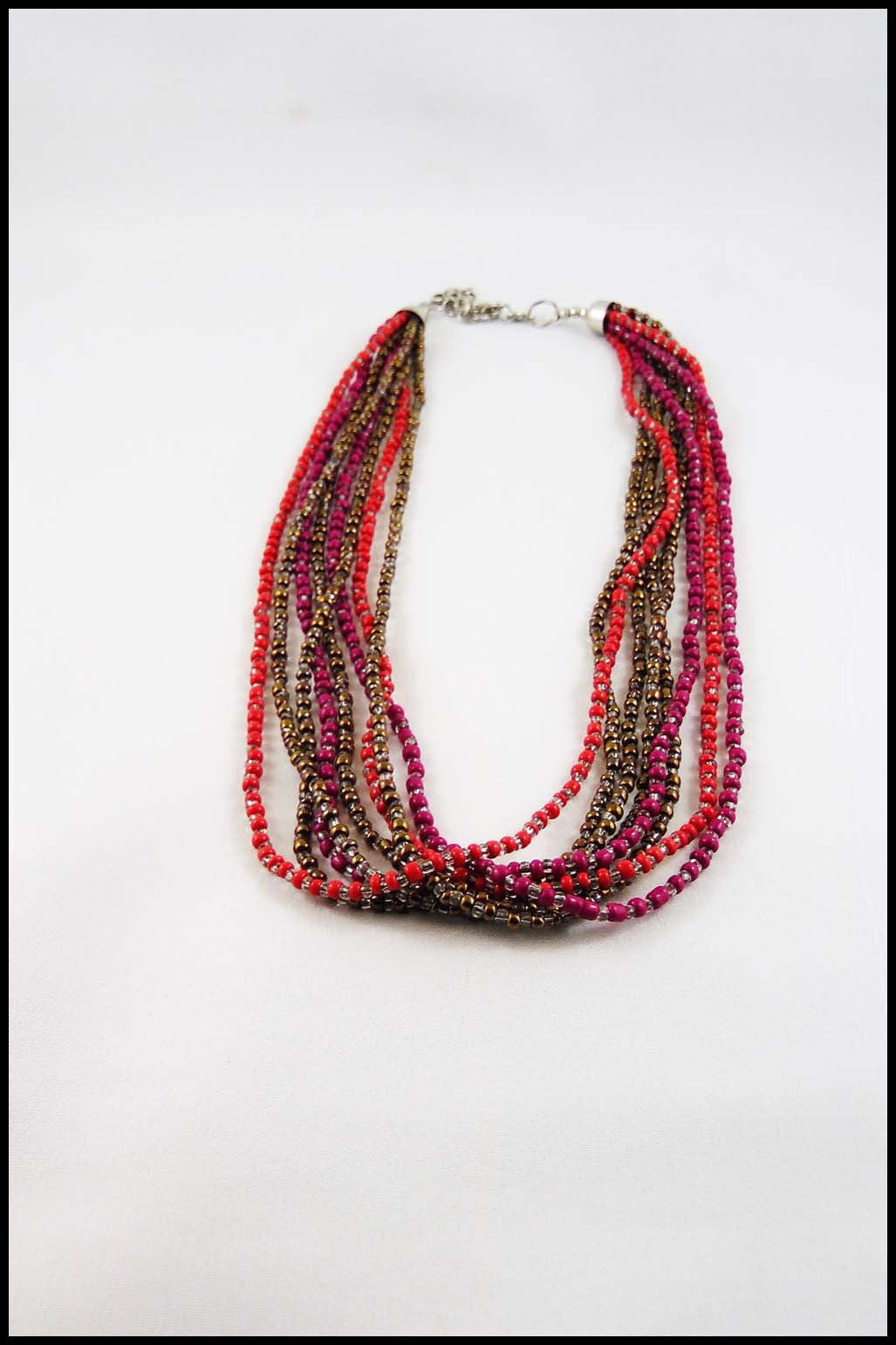 Layered Necklace with Mixed Beads of Fuschia, Orange and Brown