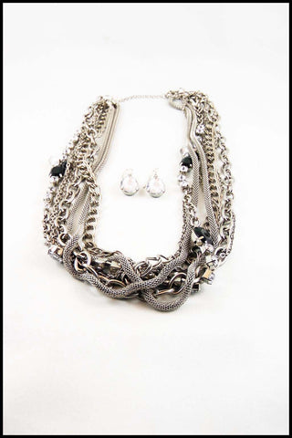 Twisted Multi-strand Chain and Rhinestone Necklace and Earring Set