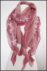 Whimsical Mixed Knit and Sheer Flower Scarf