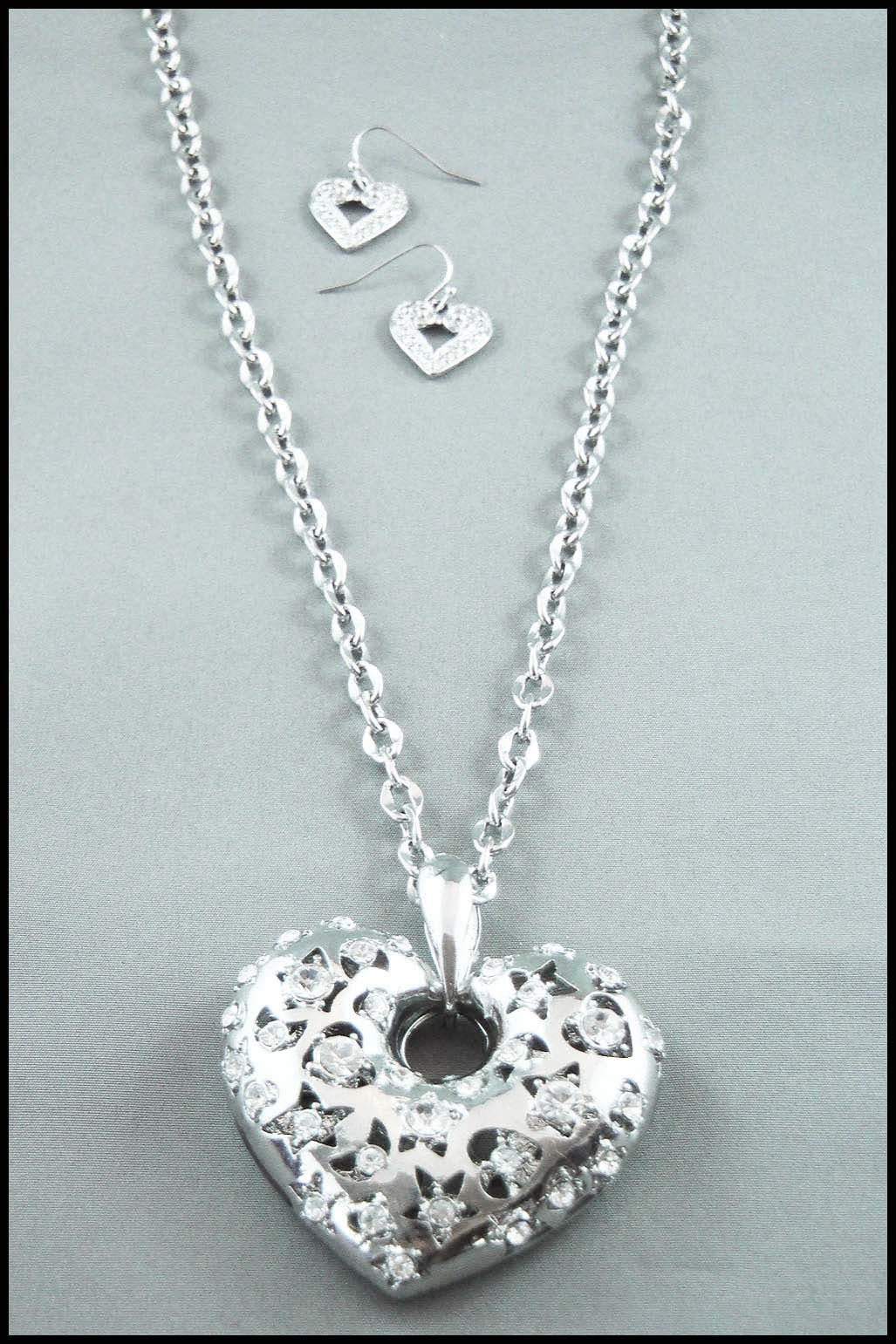 Rhinestone Heart Pendant Necklace and Earring Set