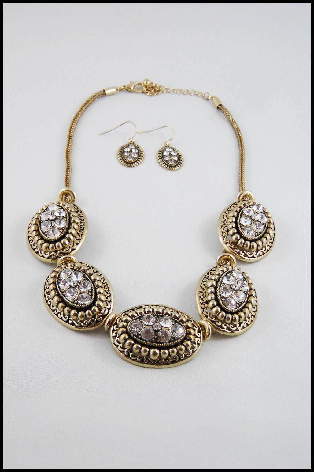 Statement Necklace and Earring Set with Bold Clusters of Clear Rhinestones