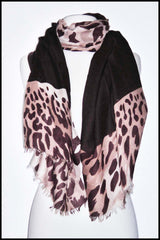 Fringed Leopard Print Scarf with Alternating Panels