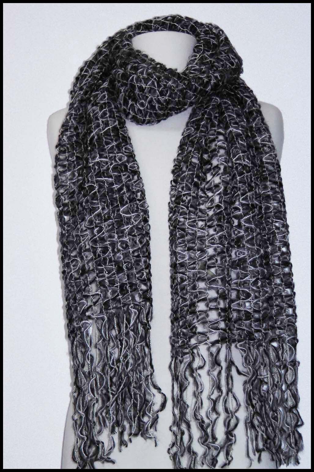 Loosely Knit Scarf with Metallic Threads and Fringed Ends