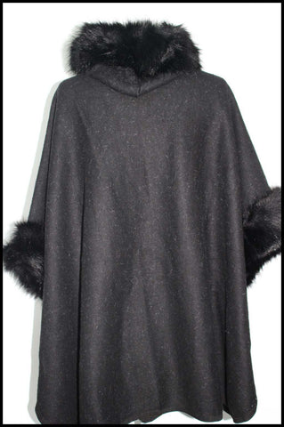 Faux Fur Hooded Cape Shawl with Pockets