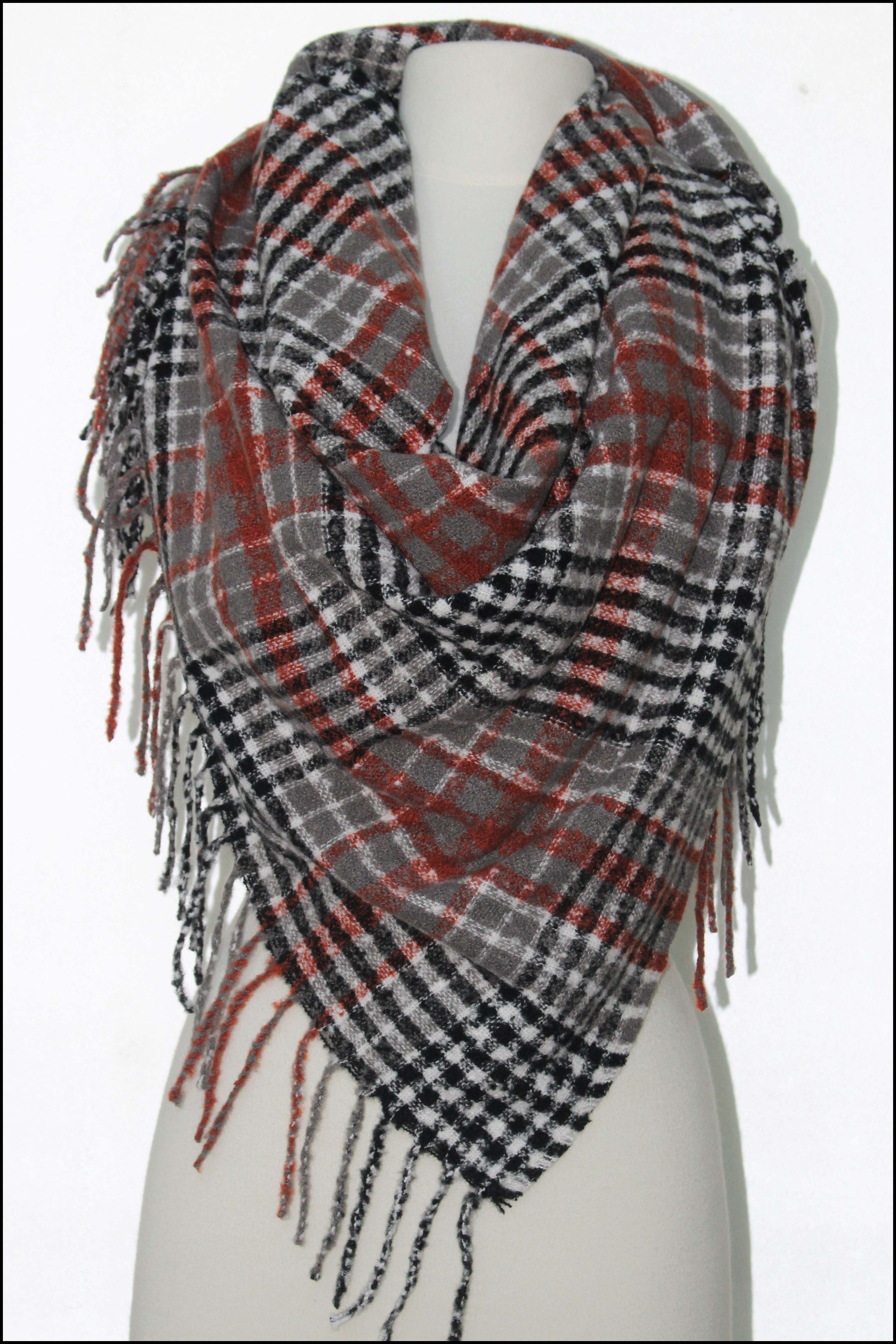 Square Double Checker Pattern Scarf with Tassels