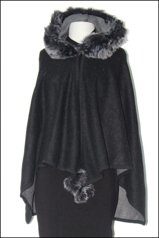 Faux Fur Hooded Cape/Poncho with Pompoms