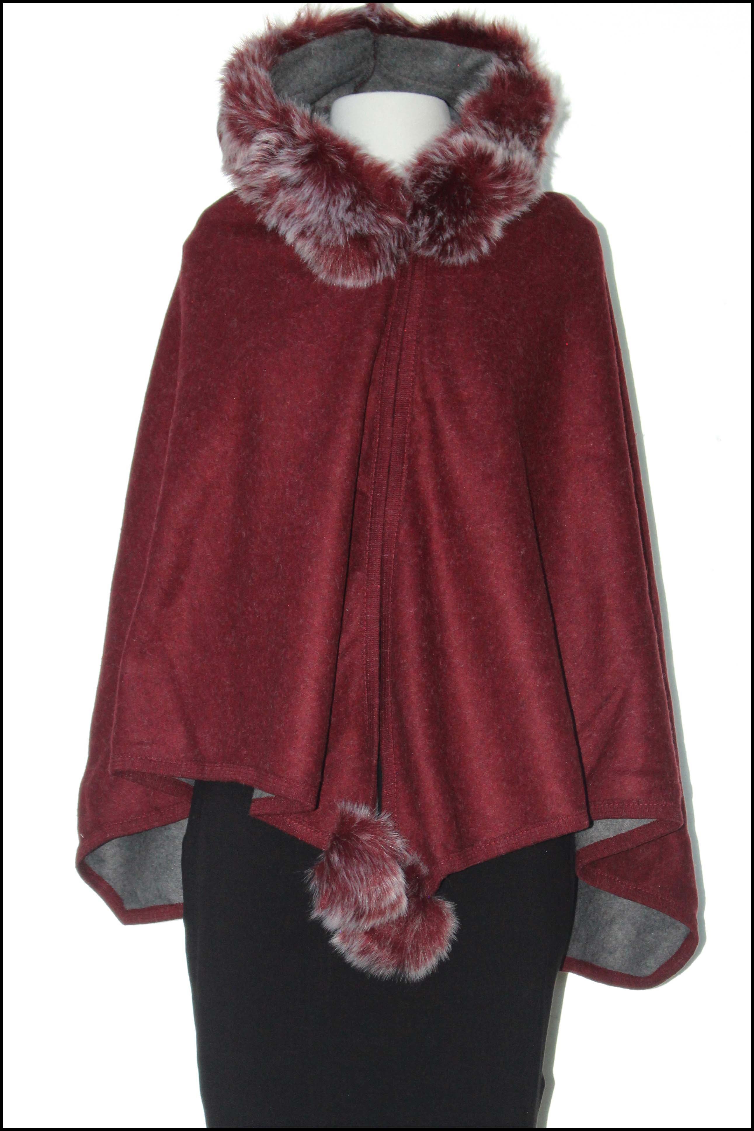 Faux Fur Hooded Cape/Poncho with Pompoms